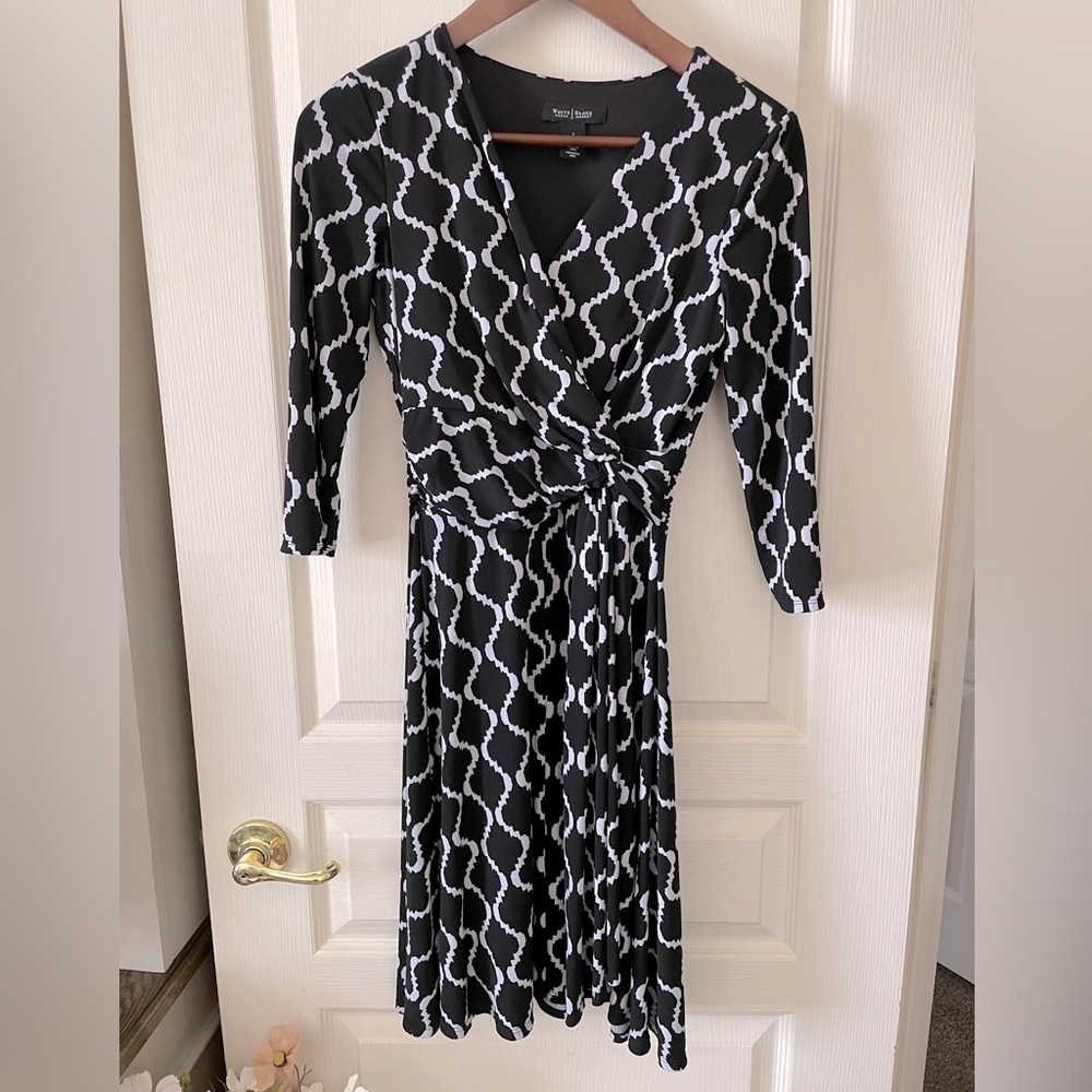 WHBM black and white waist wrap midi dress